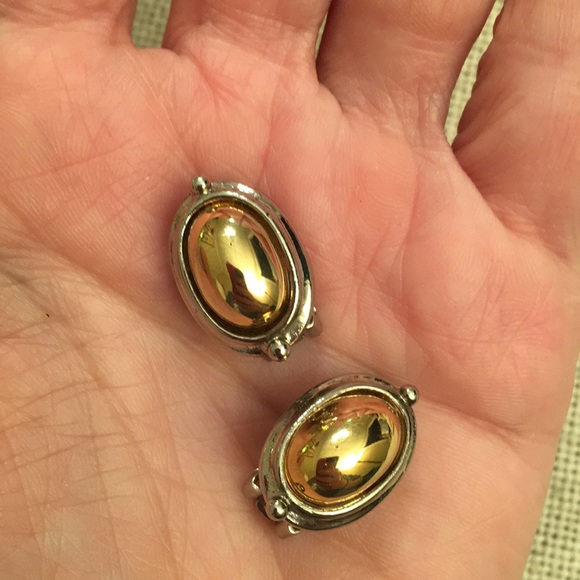 Silvertone Frame & Goldtone Center Clip Earrings - Picture 6 of 8